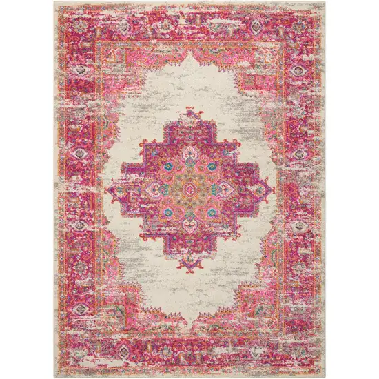 Ivory And Fuchsia Oriental Distressed Area Rug Photo 8