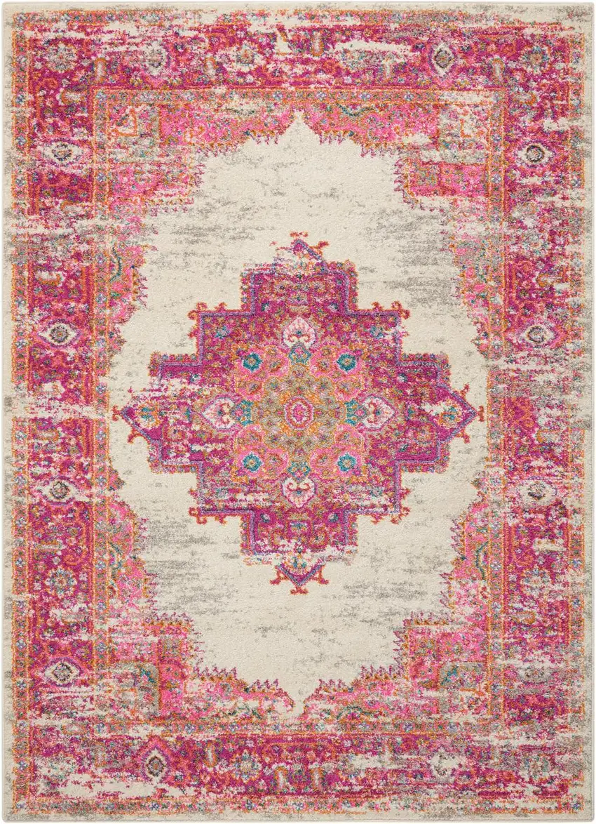 Ivory And Fuchsia Oriental Distressed Area Rug Photo 8