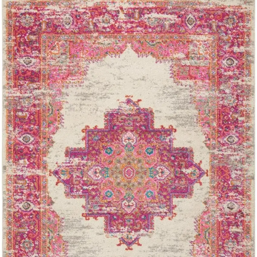 Ivory And Fuchsia Oriental Distressed Area Rug Photo 1