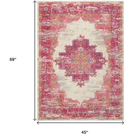 Ivory And Fuchsia Oriental Distressed Area Rug Photo 6