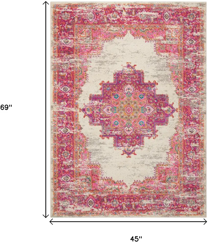 Ivory And Fuchsia Oriental Distressed Area Rug Photo 6
