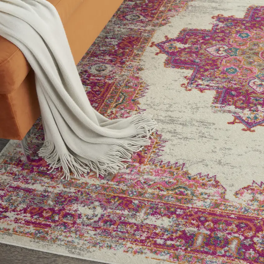 Ivory And Fuchsia Oriental Distressed Area Rug Photo 5