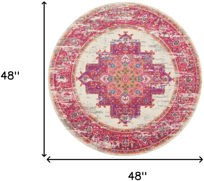 4' Ivory And Fuchsia Oriental Distressed Round Rug Photo 9