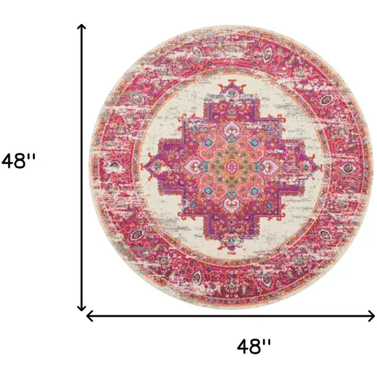 4' Ivory And Fuchsia Oriental Distressed Round Rug Photo 9