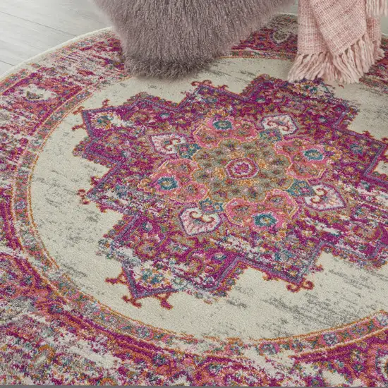 4' Ivory And Fuchsia Oriental Distressed Round Rug Photo 9