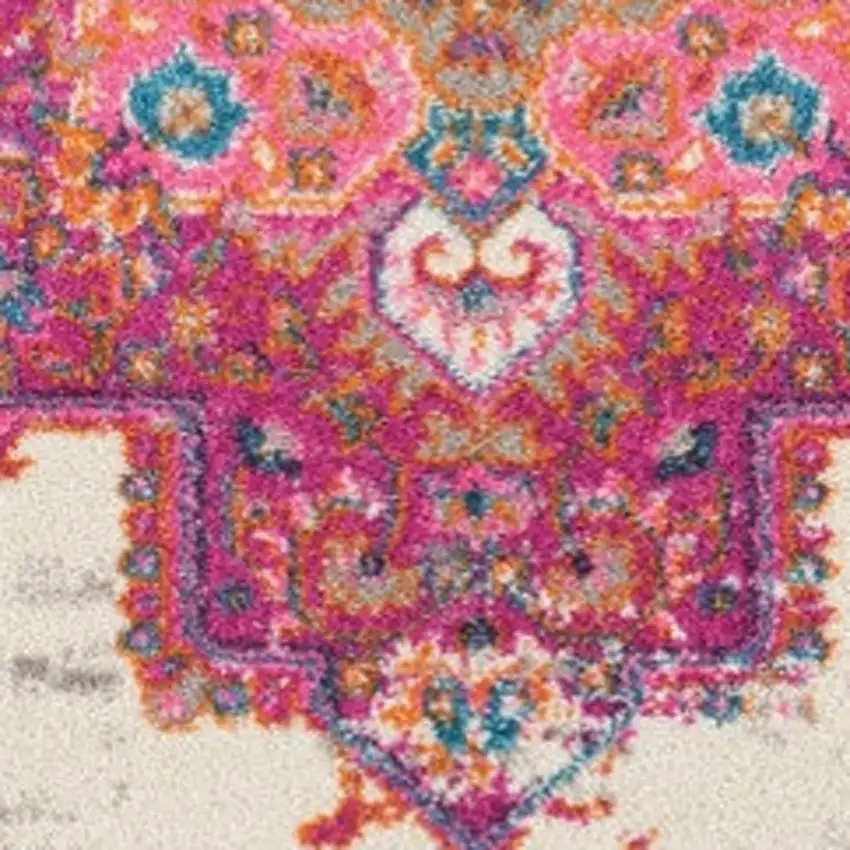 4' Ivory And Fuchsia Oriental Distressed Round Rug Photo 3