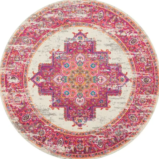 4' Ivory And Fuchsia Oriental Distressed Round Rug Photo 7
