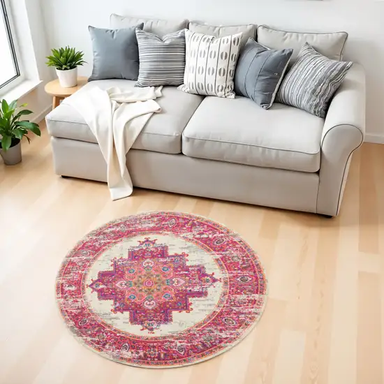 4' Ivory And Fuchsia Oriental Distressed Round Rug Photo 2