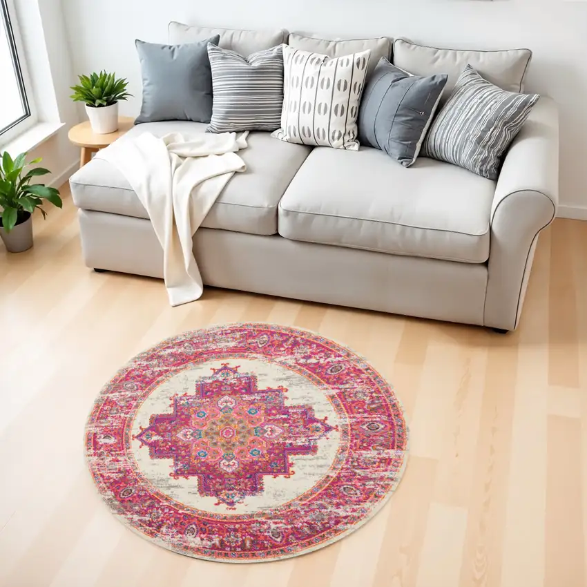 4' Ivory And Fuchsia Oriental Distressed Round Rug Photo 2
