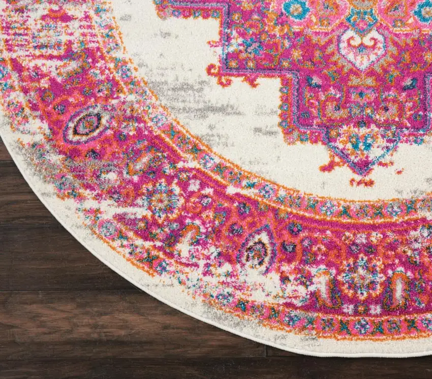 4' Ivory And Fuchsia Oriental Distressed Round Rug Photo 8