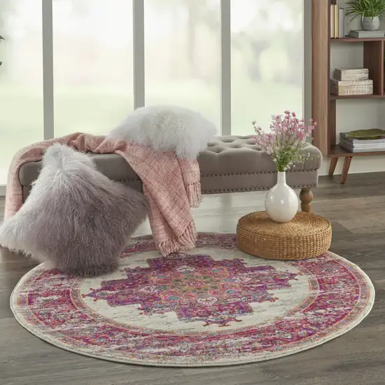4' Ivory And Fuchsia Oriental Distressed Round Rug Photo 6