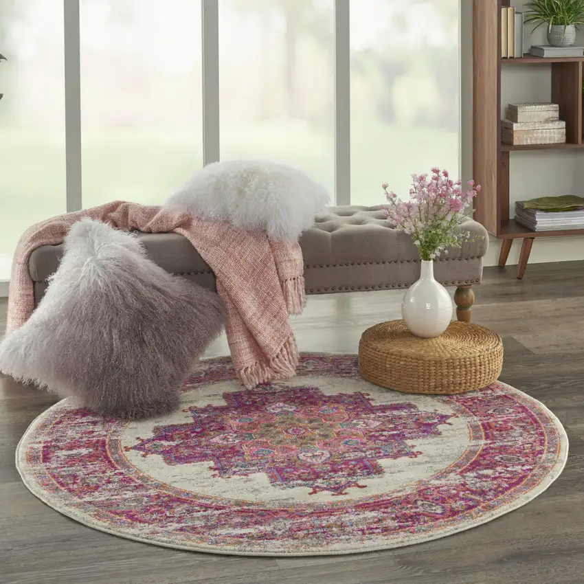 4' Ivory And Fuchsia Oriental Distressed Round Rug Photo 6