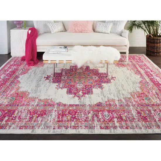 Ivory And Fuchsia Oriental Distressed Area Rug Photo 8