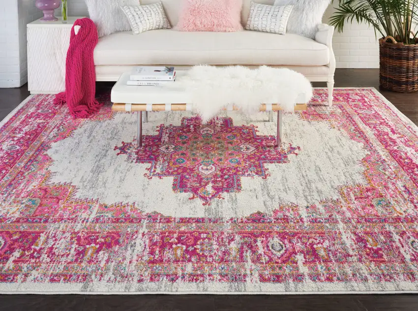 Ivory And Fuchsia Oriental Distressed Area Rug Photo 8