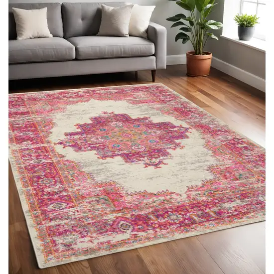 Ivory And Fuchsia Oriental Distressed Area Rug Photo 2