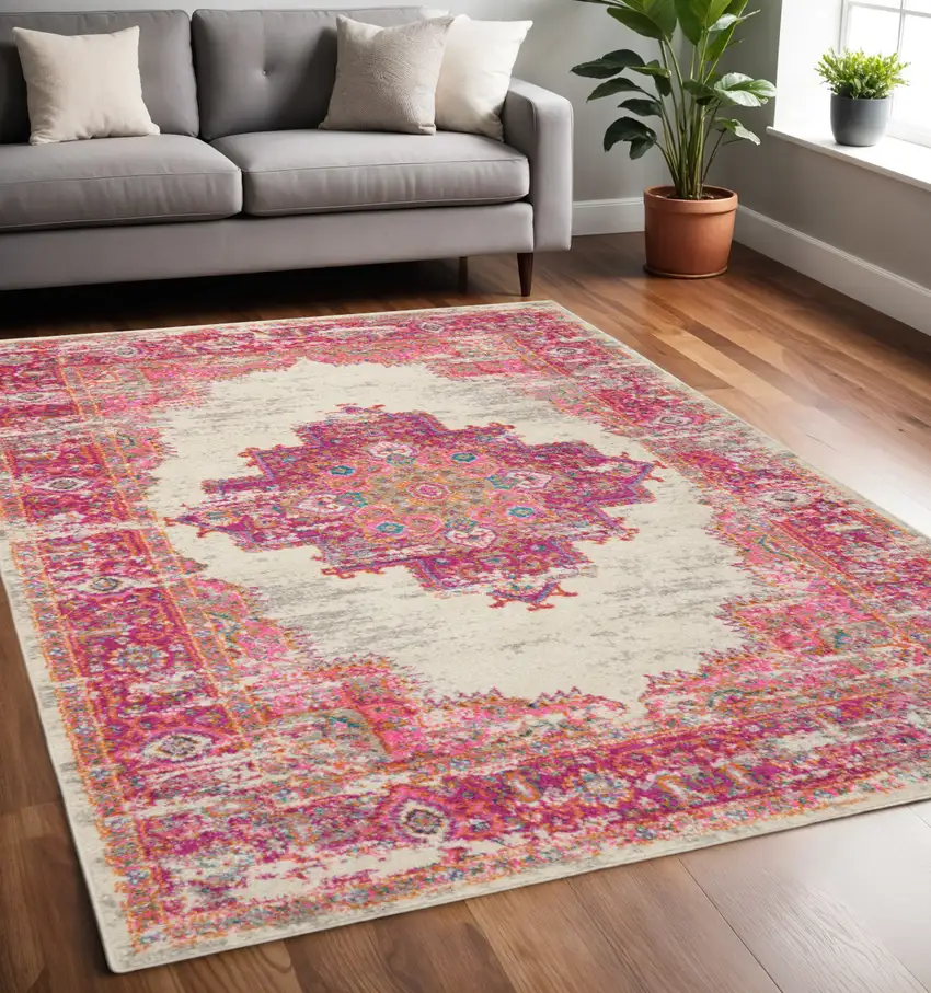 Ivory And Fuchsia Oriental Distressed Area Rug Photo 2