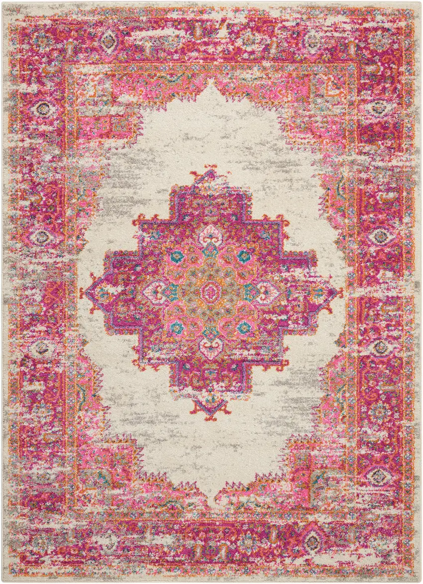 Ivory And Fuchsia Oriental Distressed Area Rug Photo 7