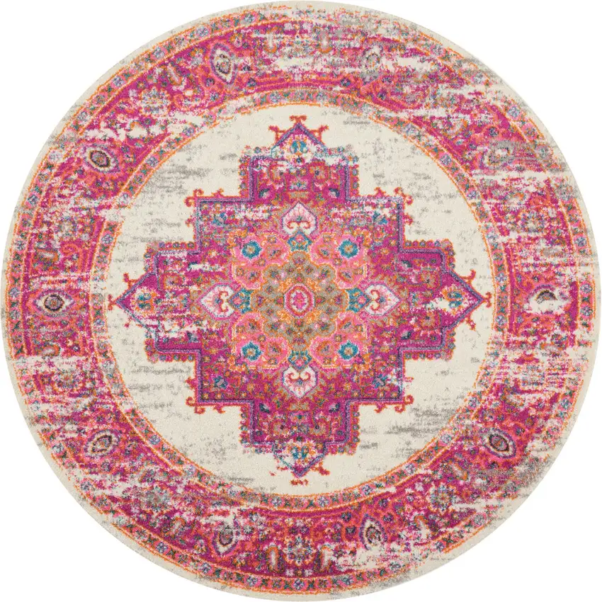 5' Ivory And Fuchsia Oriental Distressed Round Rug Photo 7