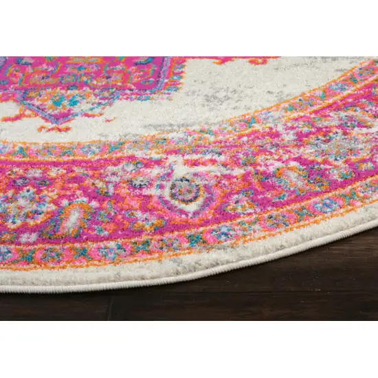 5' Ivory And Fuchsia Oriental Distressed Round Rug Photo 9