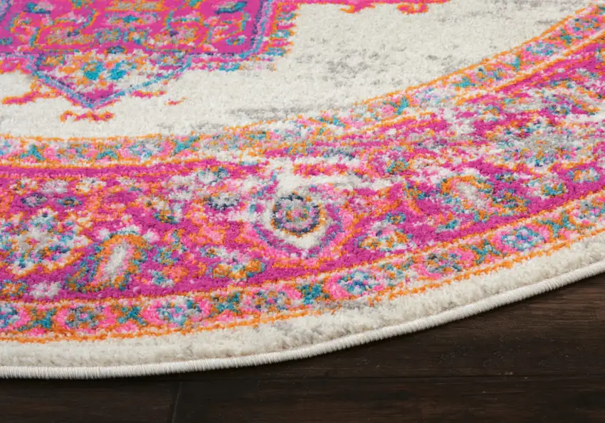 5' Ivory And Fuchsia Oriental Distressed Round Rug Photo 9