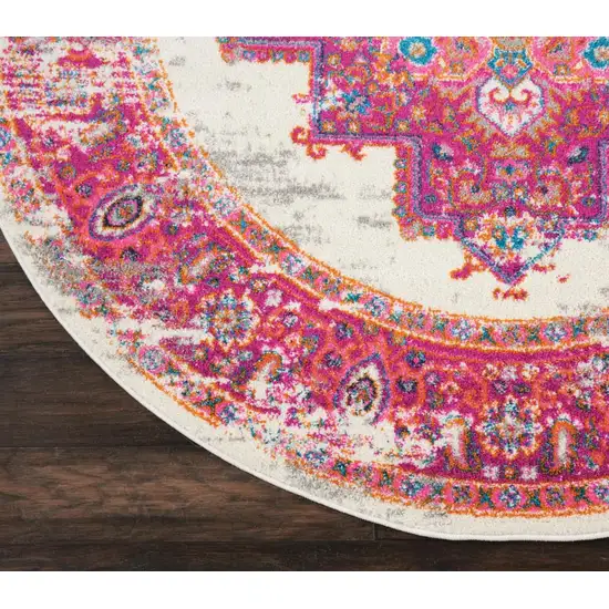 5' Ivory And Fuchsia Oriental Distressed Round Rug Photo 7