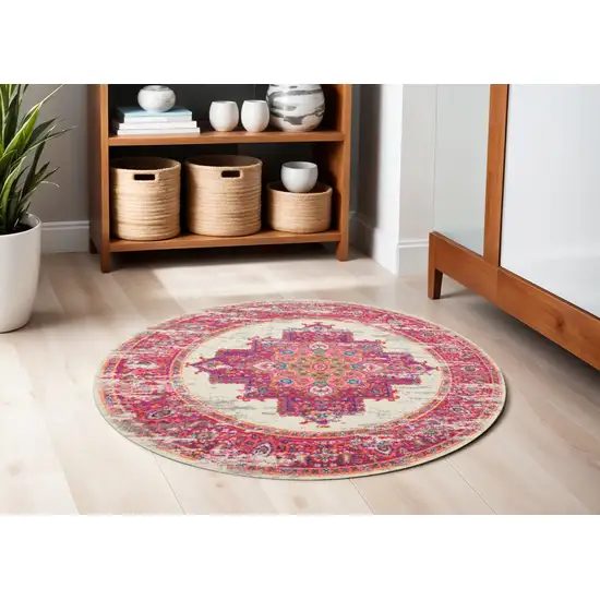 5' Ivory And Fuchsia Oriental Distressed Round Rug Photo 2