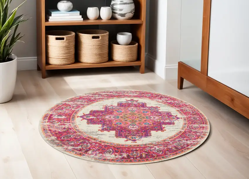 5' Ivory And Fuchsia Oriental Distressed Round Rug Photo 2