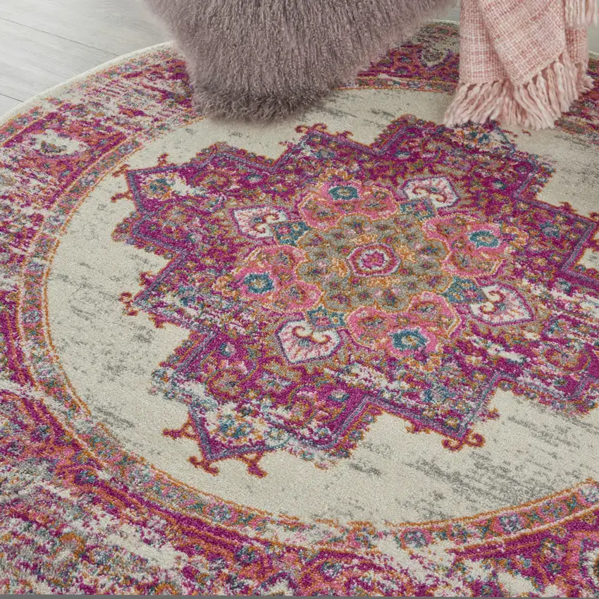 5' Ivory And Fuchsia Oriental Distressed Round Rug Photo 8