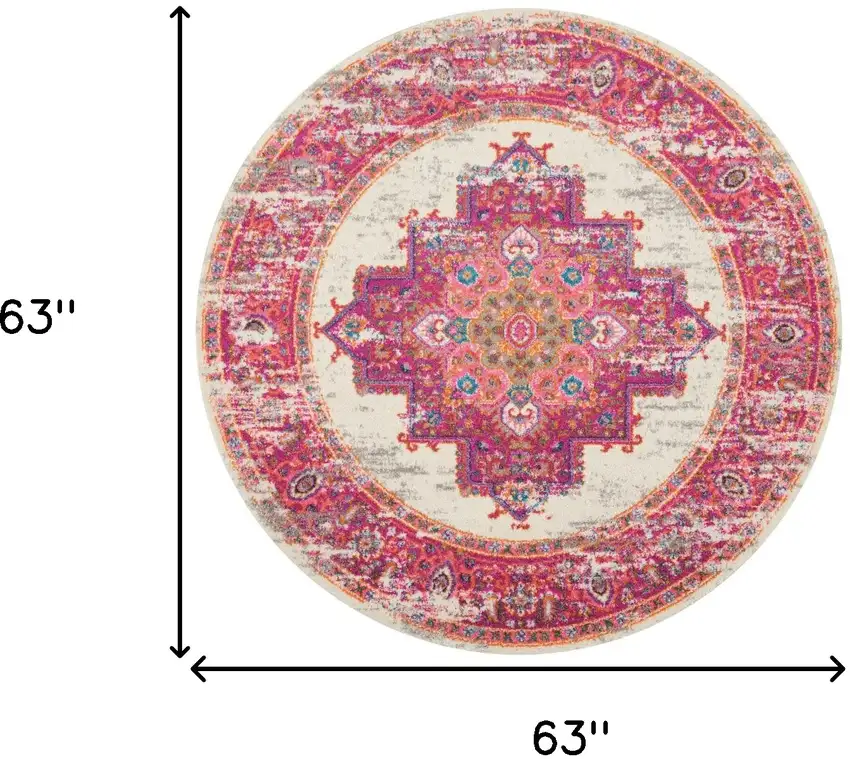 5' Ivory And Fuchsia Oriental Distressed Round Rug Photo 9