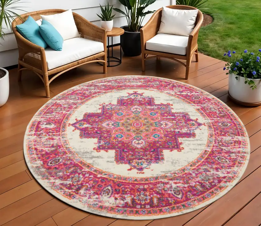 5' Ivory And Fuchsia Oriental Distressed Round Rug Photo 1