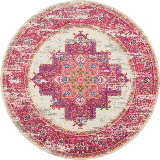 5' Ivory And Fuchsia Oriental Distressed Round Rug Photo 4