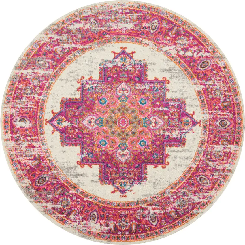 5' Ivory And Fuchsia Oriental Distressed Round Rug Photo 4