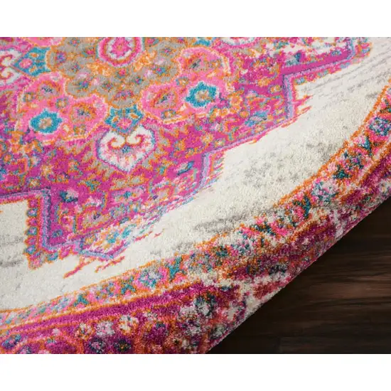5' Ivory And Fuchsia Oriental Distressed Round Rug Photo 9