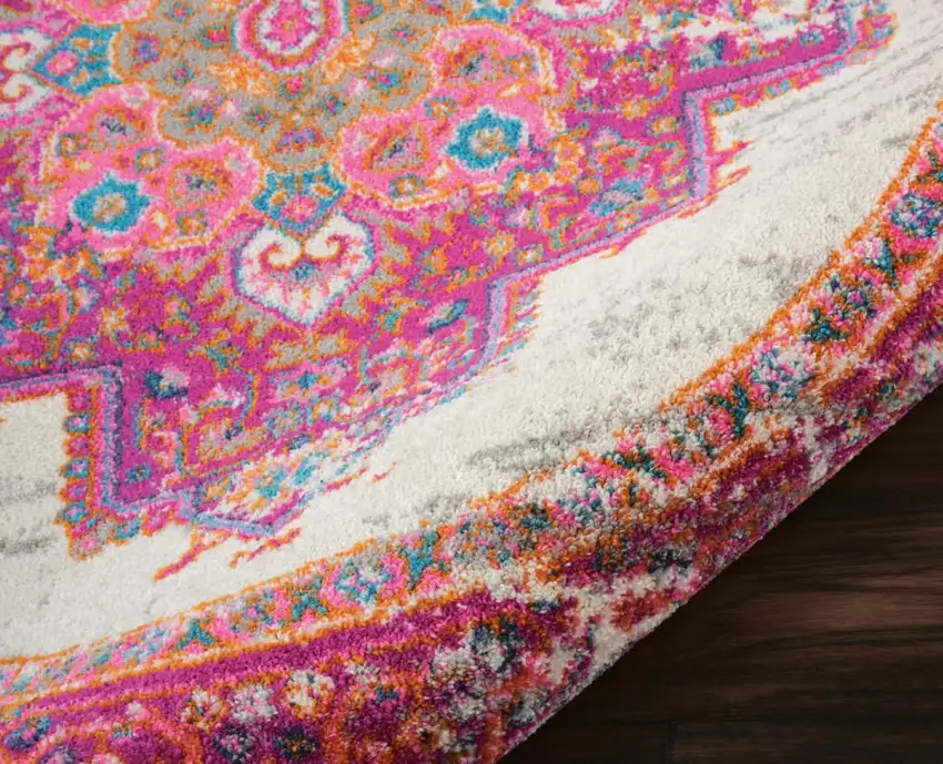 5' Ivory And Fuchsia Oriental Distressed Round Rug Photo 9