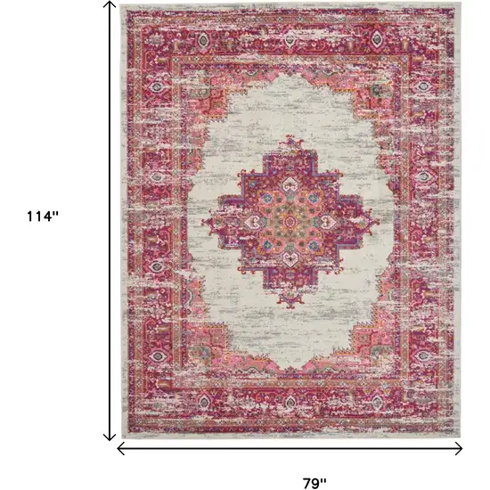 Ivory And Fuchsia Oriental Distressed Area Rug Photo 9