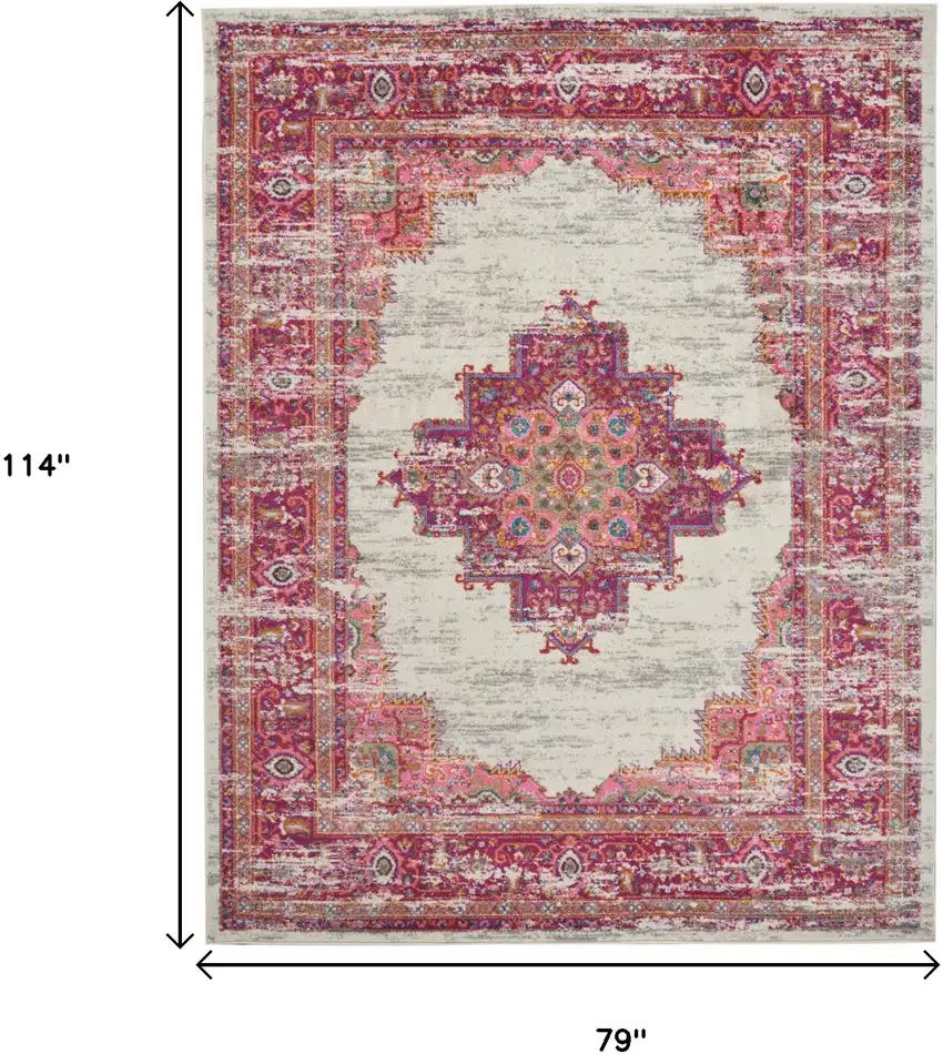 Ivory And Fuchsia Oriental Distressed Area Rug Photo 9