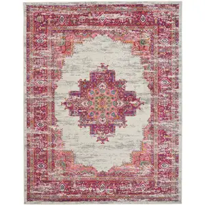 Photo of Ivory and Fuchsia Distressed Area Rug