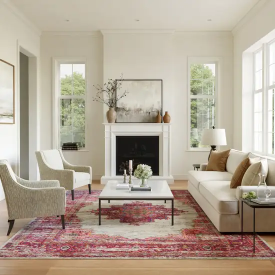 Ivory And Fuchsia Oriental Distressed Area Rug Photo 4