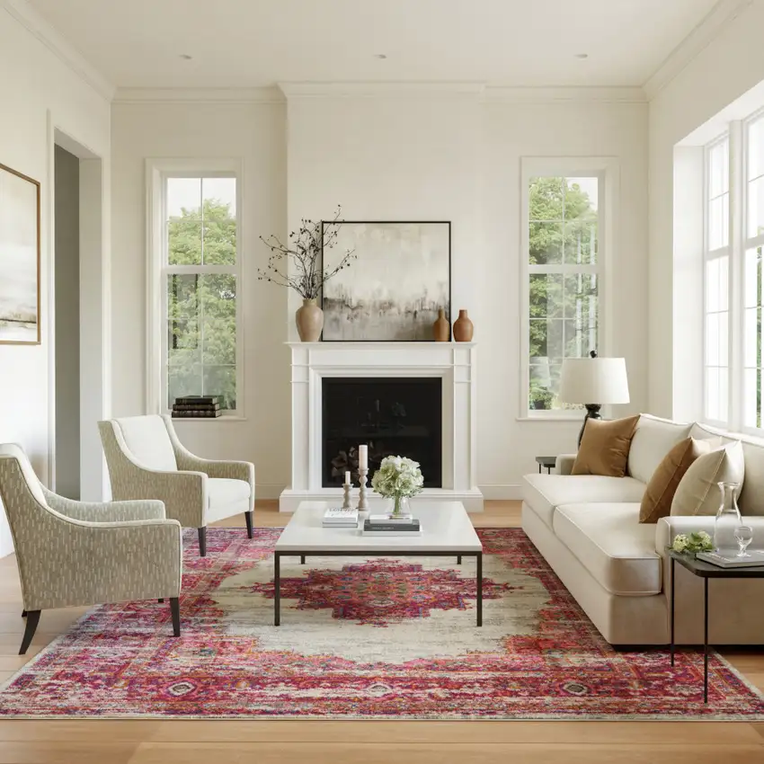 Ivory And Fuchsia Oriental Distressed Area Rug Photo 4