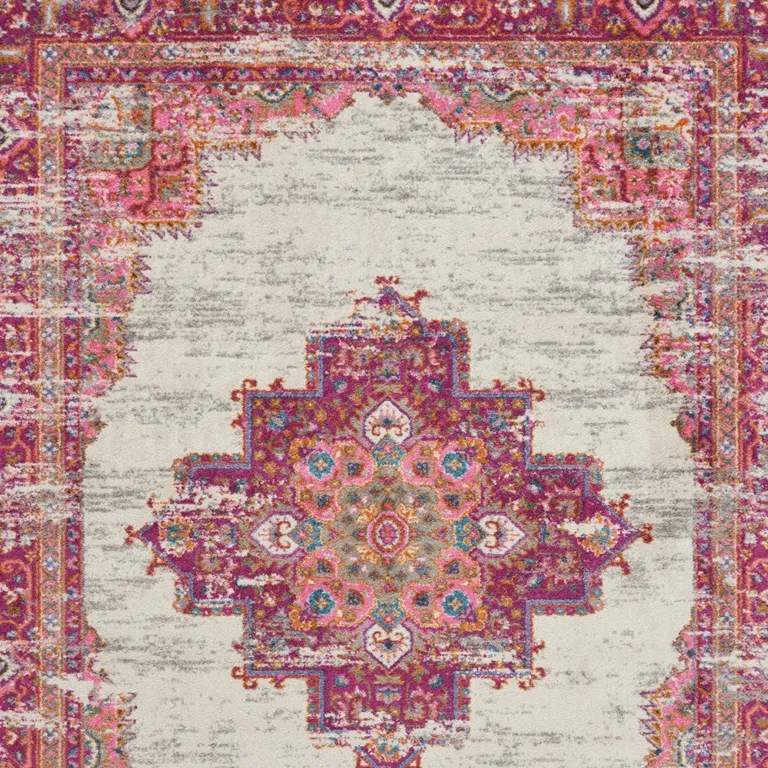 Ivory and Fuchsia Distressed Area Rug Photo 2