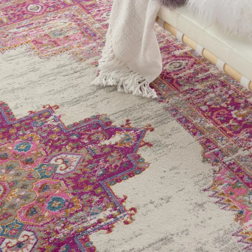 Ivory And Fuchsia Oriental Distressed Area Rug Photo 8