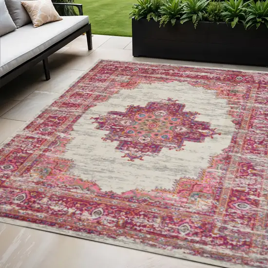 Ivory And Fuchsia Oriental Distressed Area Rug Photo 1
