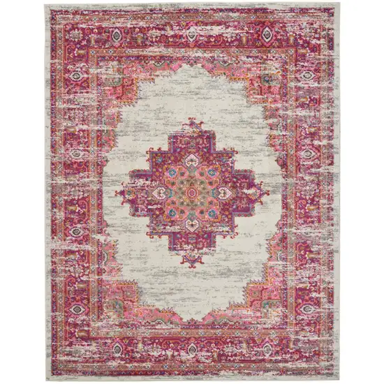 Ivory And Fuchsia Oriental Distressed Area Rug Photo 9