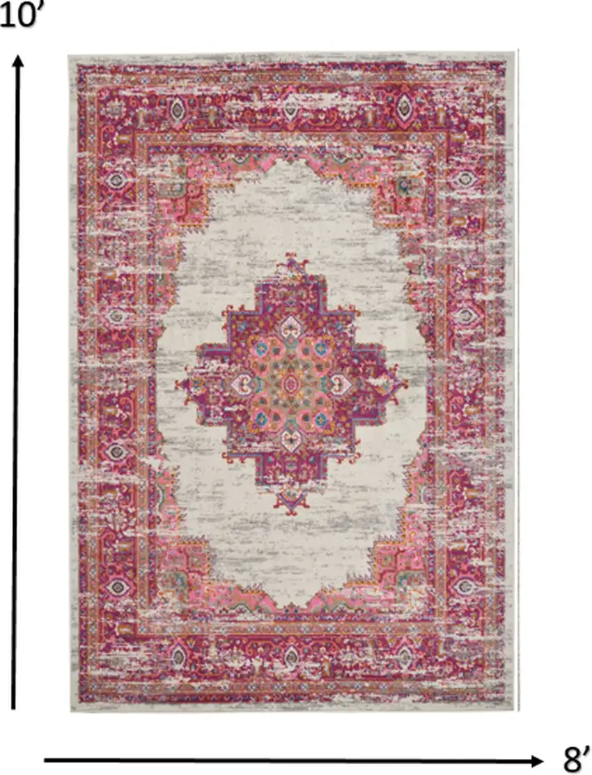 Ivory and Fuchsia Distressed Area Rug Photo 2