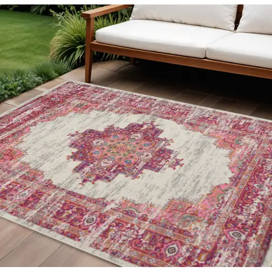 Ivory And Fuchsia Oriental Distressed Area Rug Photo 1