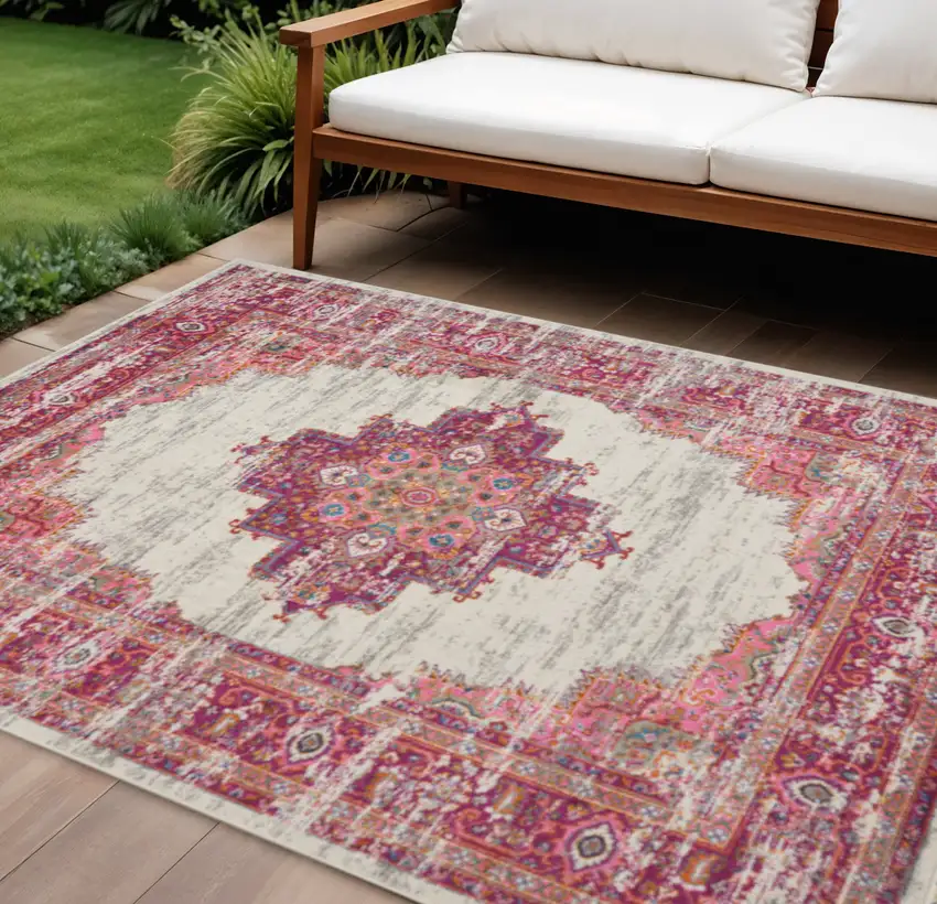 Ivory And Fuchsia Oriental Distressed Area Rug Photo 1