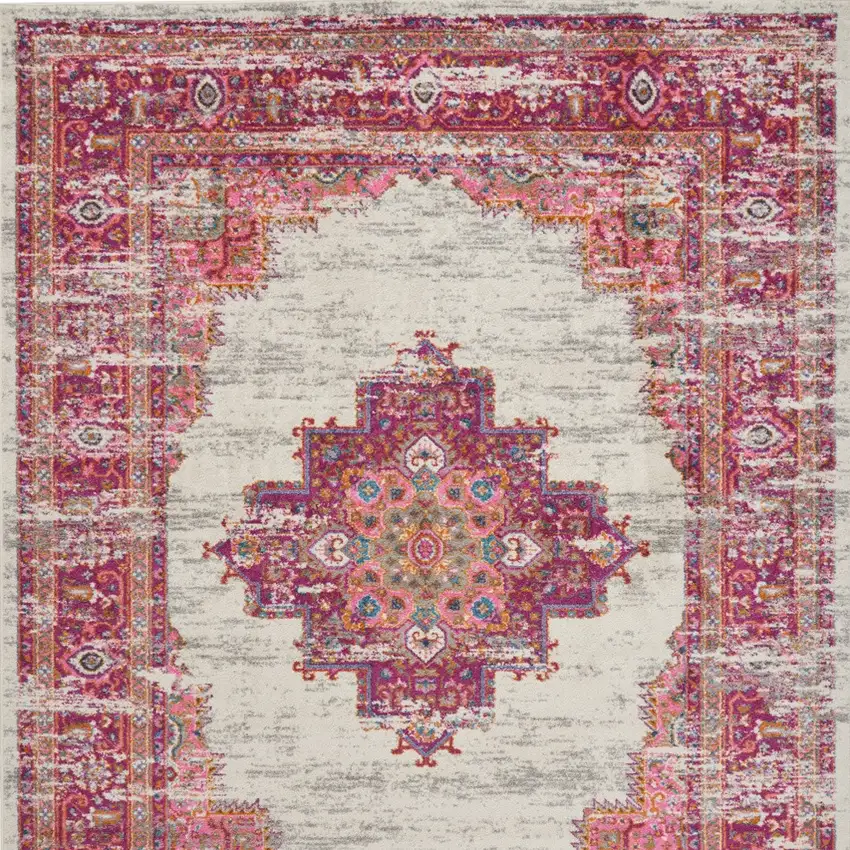 Ivory And Fuchsia Oriental Distressed Area Rug Photo 7