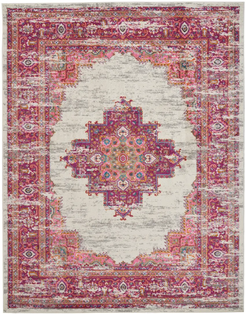 Ivory And Fuchsia Oriental Distressed Area Rug Photo 1