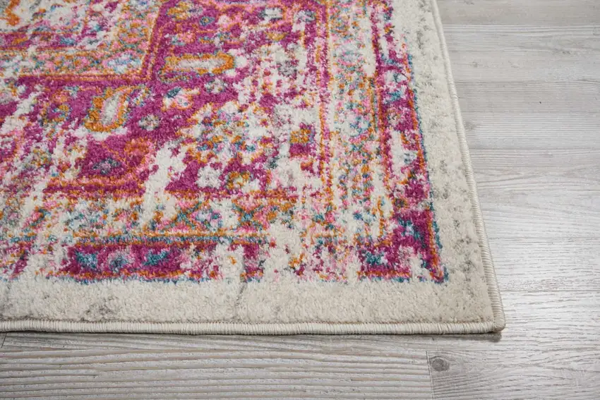 Ivory and Fuchsia Distressed Area Rug Photo 6