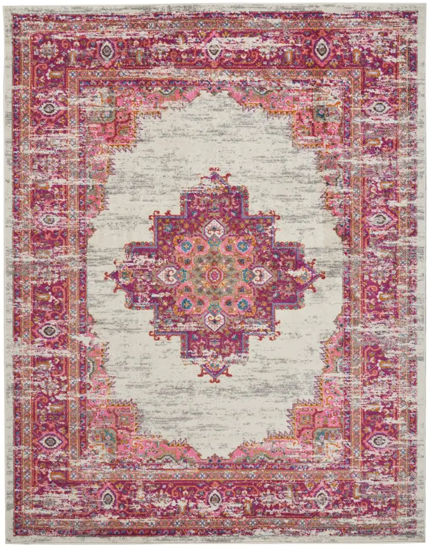 Ivory And Fuchsia Oriental Distressed Area Rug Photo 9